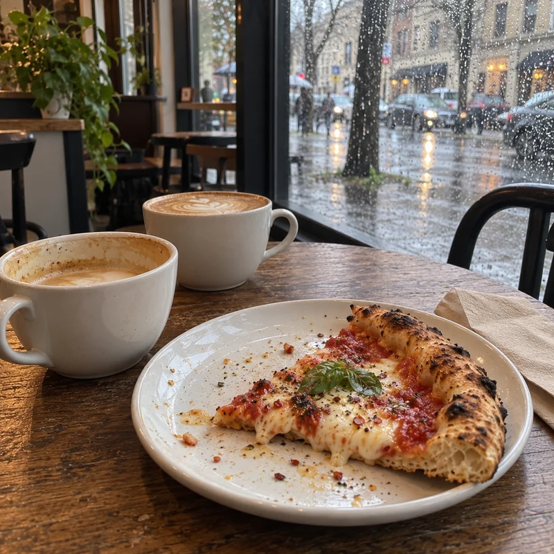 Two coffees and the last slice of pizza, casually photographed by a rainy café window